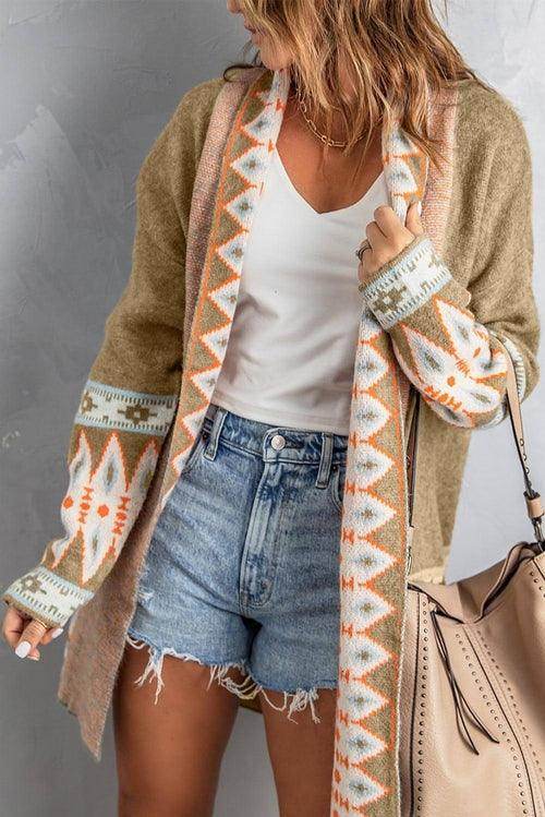 Khaki Aztec Print Open Front Knitted Cardigan - Which Mark