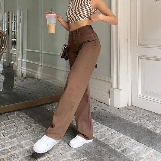Brown Jeans Retro American Solid Color Looks Thin - Which Mark
