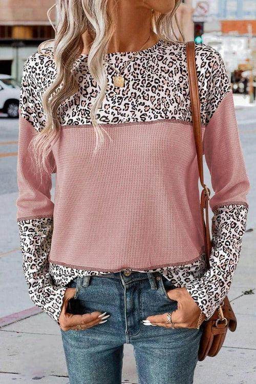 Women Round Neck Leopard Splicing Waffle Sweater - Which Mark