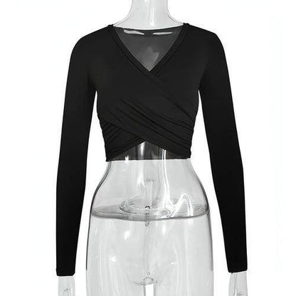 Women's Clothing Cross V-neck Stitching Slim-fit Long-sleeved - Which Mark