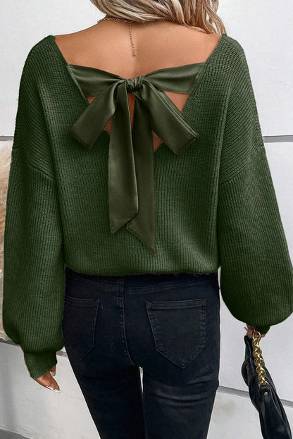 Jungle Green Lantern Sleeve V Neck Knot Back Sweater - Which Mark