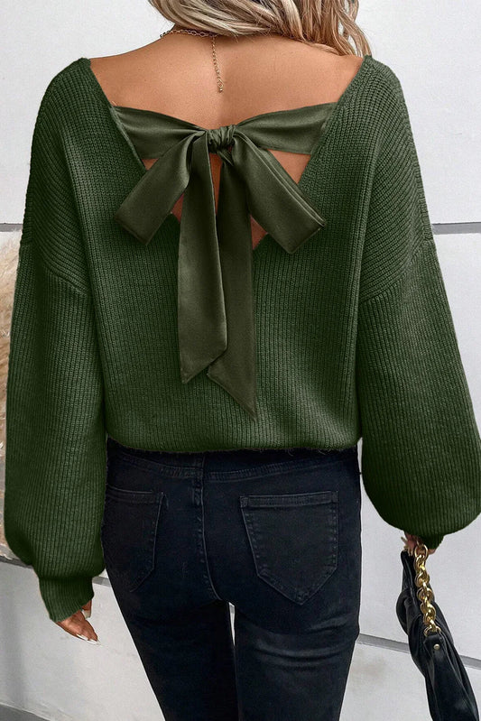 Jungle Green Lantern Sleeve V Neck Knot Back Sweater - Which Mark