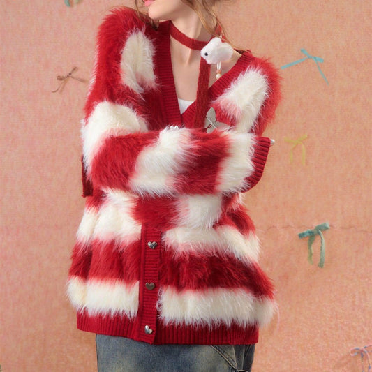 Lady In A Thick Red Sweater With Stripes - Which Mark