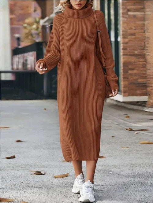 Long Below The Knee Loose High Collar Knitted Dress Sweater - Which Mark