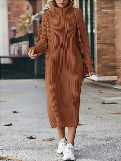 Long Below The Knee Loose High Collar Knitted Dress Sweater - Which Mark
