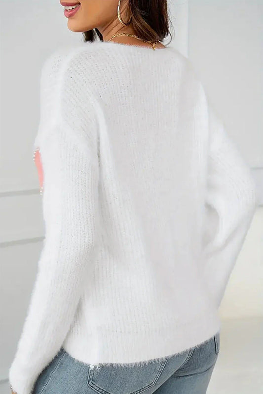 White Pearl Beaded Heart Pattern Fuzzy V Neck Sweater - Which Mark