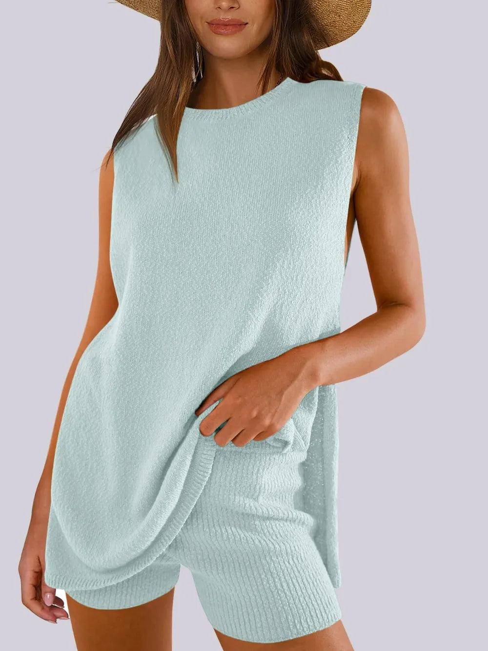 Mandy Side Slit Round Neck Tank and Shorts Sweater Set - Which Mark