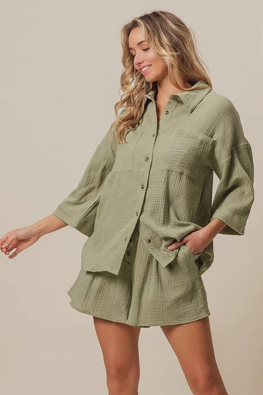 BiBi Crinkle Gauze Shirt and Short Set - Which Mark