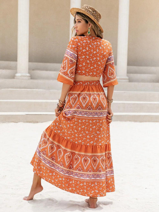 Printed Plunge Half Sleeve Top and Skirt Set - Which Mark