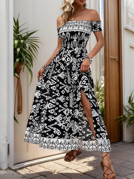 Perfee Slit Printed Off-Shoulder Dress - Which Mark