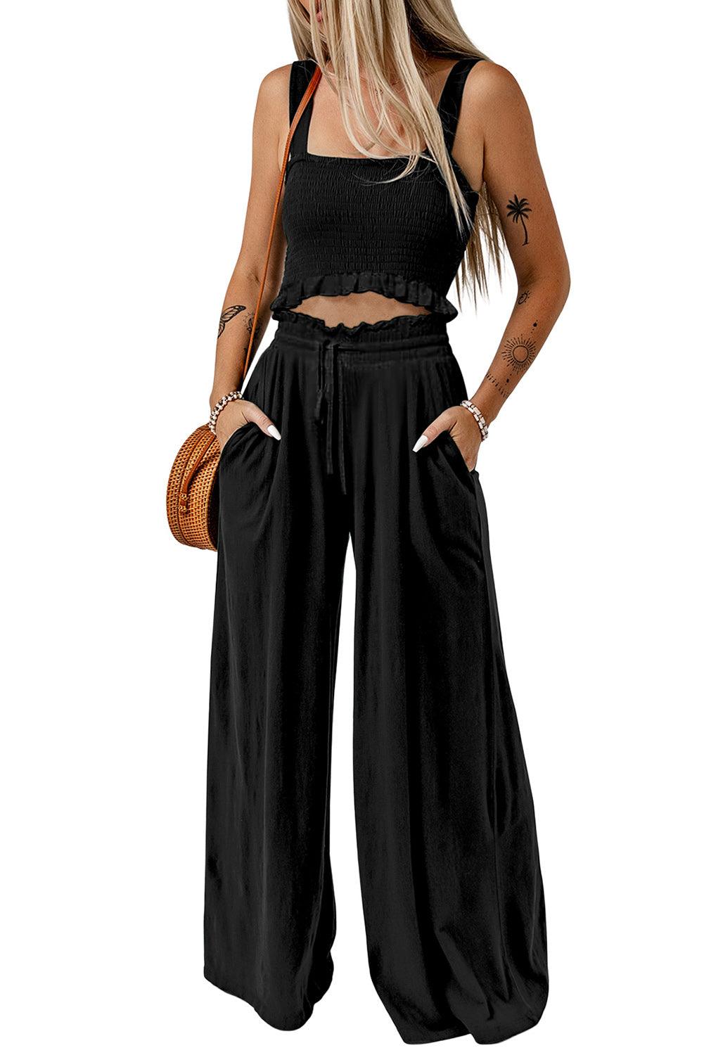 Square Neck Cropped Tank Top and Long Pants Set - Which Mark