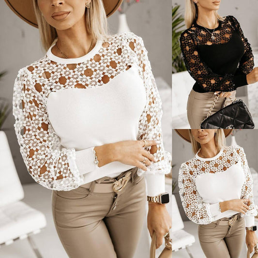 Hollow Out Elegance – Lace Patchwork Long Sleeve T-Shirt | 25 Edition - Which Mark