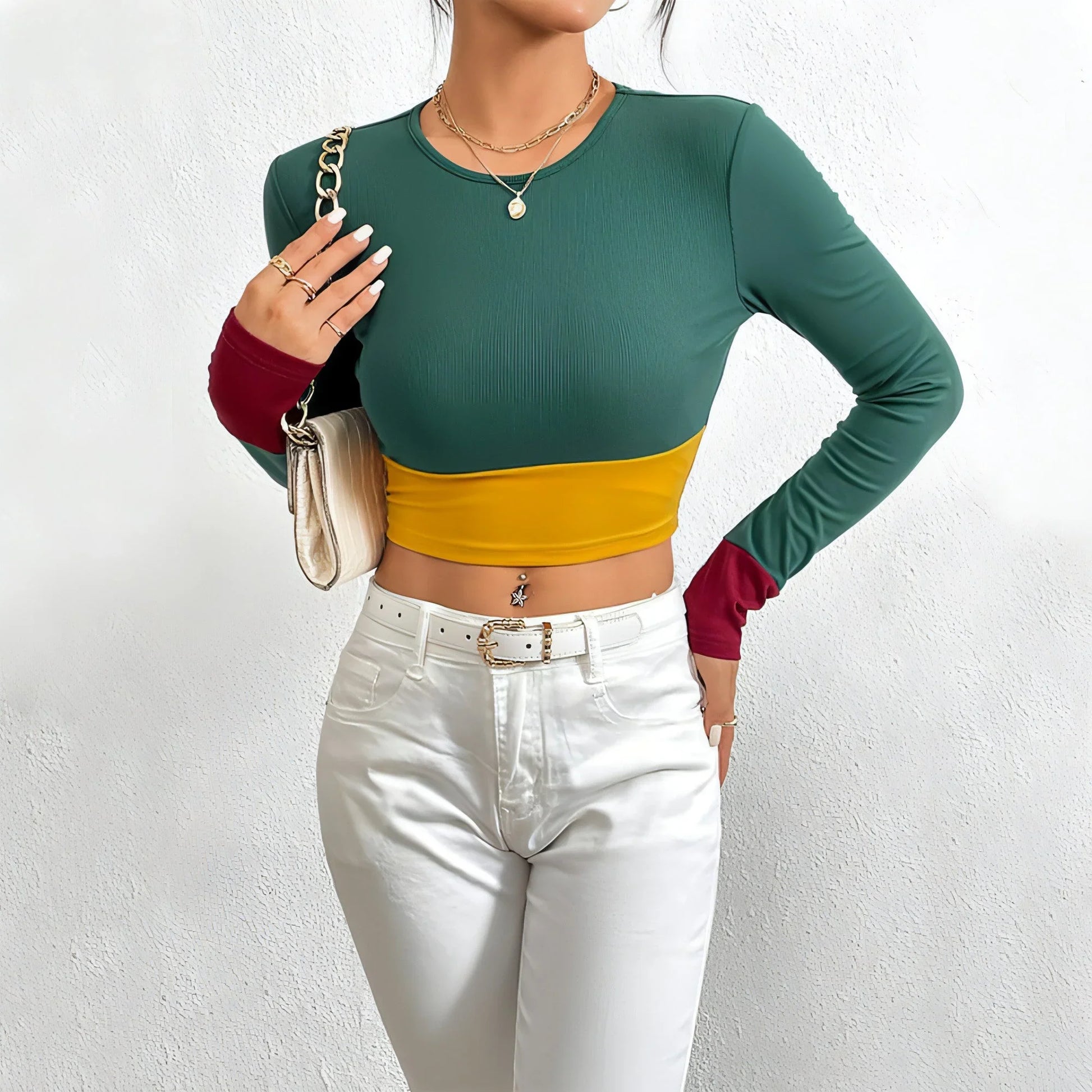 Slim Fit O-neck Short Stitching Long Sleeve T-shirt Women - Which Mark