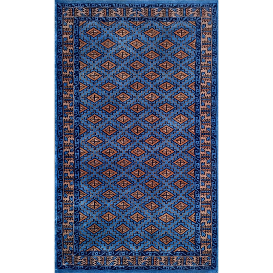 Amma Carpets Hand Knotted Wool Carpet 3×5 feet Barfi Traditional Blue - Which Mark