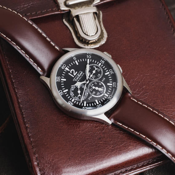 39.5mm navigation watch with strap in chestnut colour leather - Which Mark