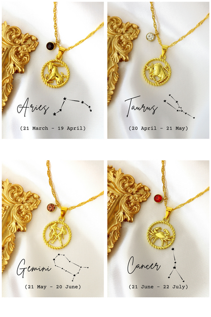 18K Zodiac Sign and Birthstone Necklace - Which Mark