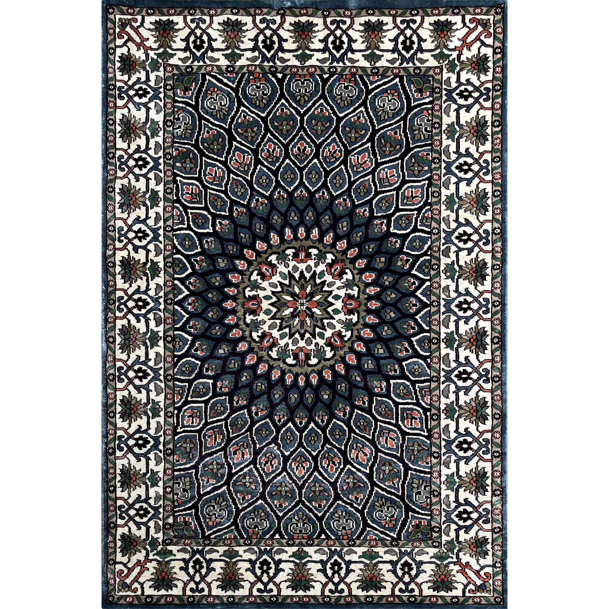 4×6 Feet Hand Knotted Silk Blue Carpet Gumbad - Which Mark