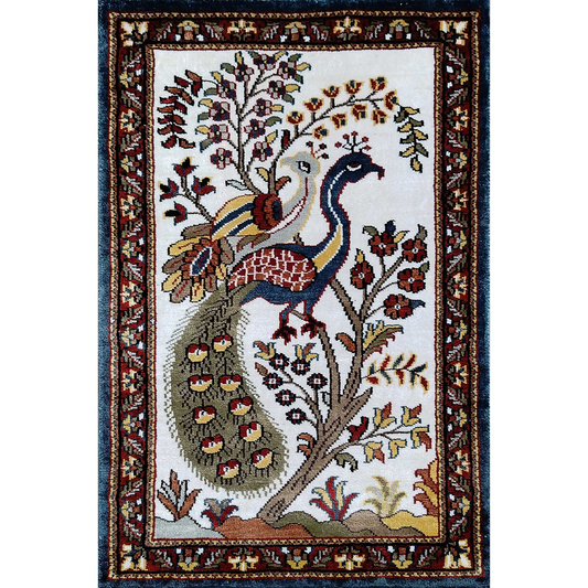 2×3 Ft Handmade Couple Peacock Silk Carpet White - Which Mark