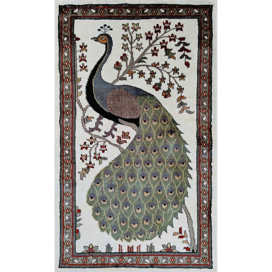 2×3 Feet Handmade Peacock Silk Carpet White - Which Mark