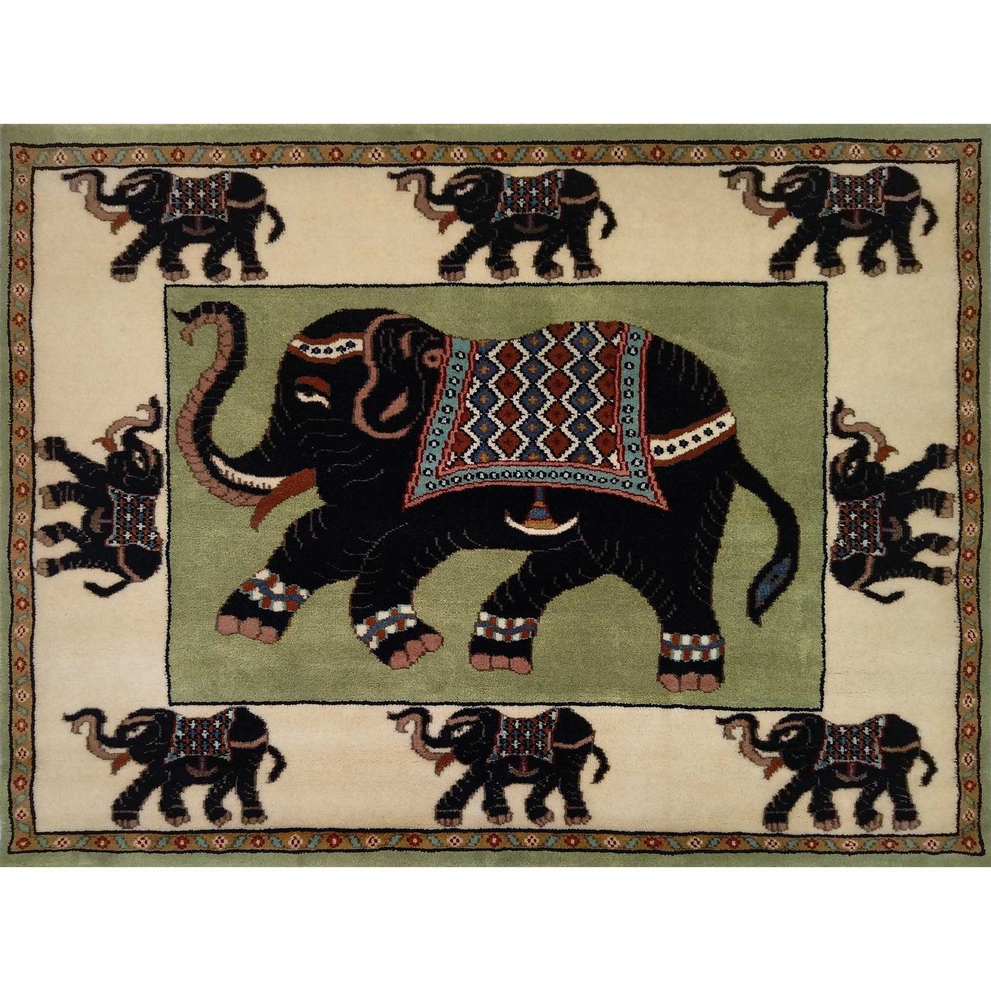 4ftx3ft Hand Knotted Elephant Carpet Green - Which Mark