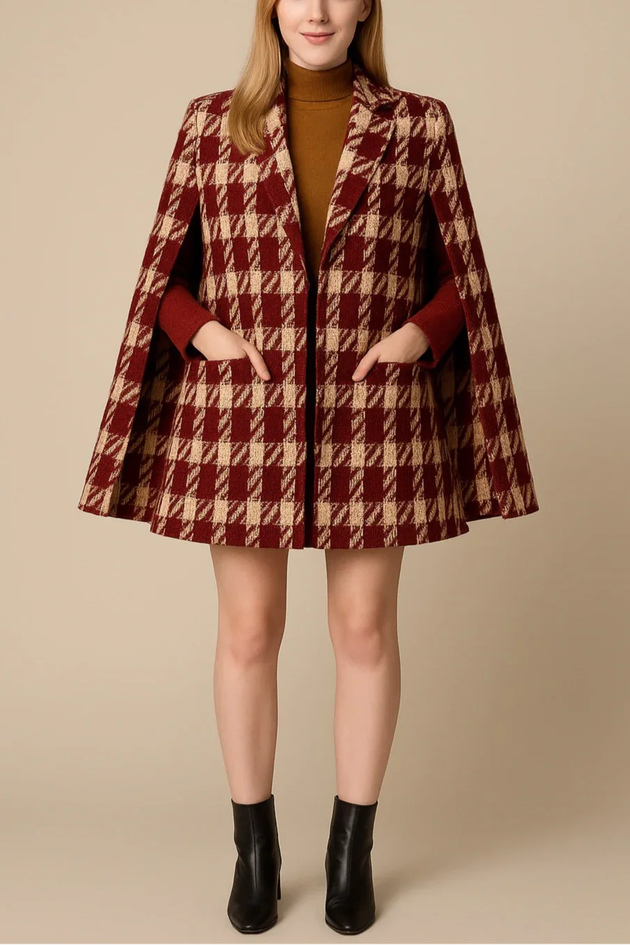 Houndstooth Woolen Cape Coat & Shorts – Elegant & Fashionable Set - Which Mark