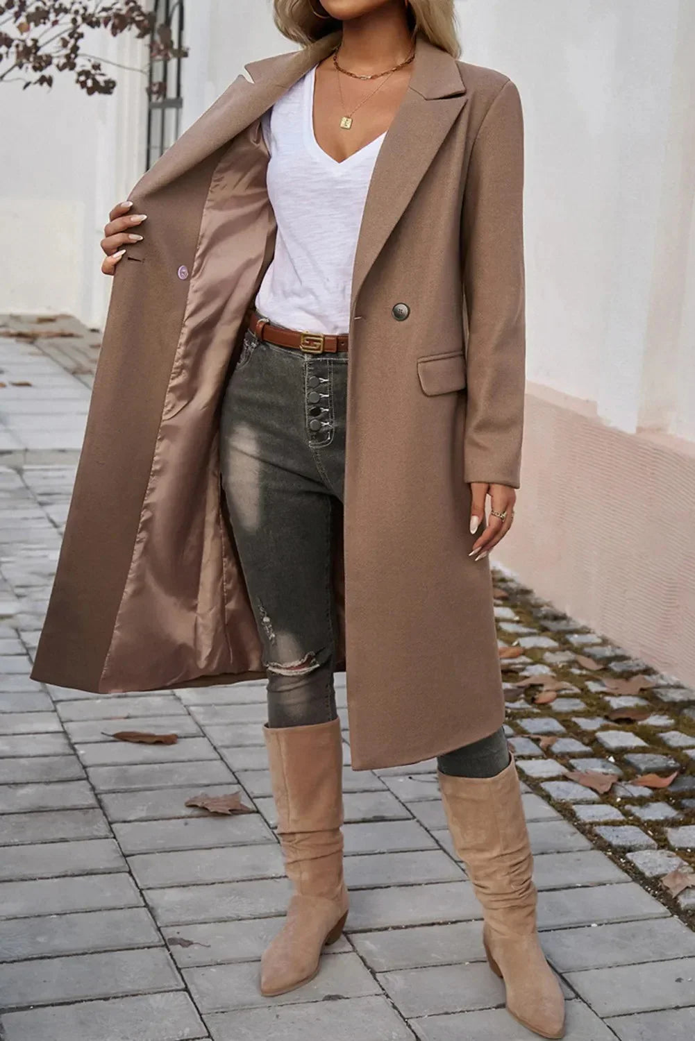 Dark Khaki Single Breasted Lapel Collar Flap Pocketed Overcoat - Which Mark