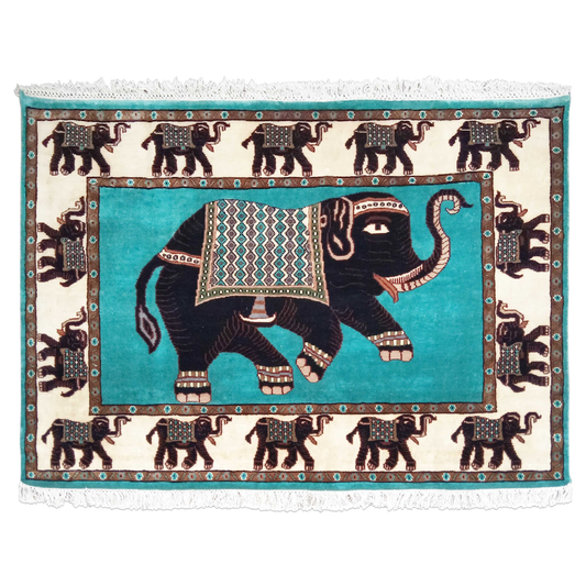 6×4 ft Handmade Elephant Wool Carpet Turquoise - Which Mark