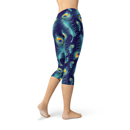 Blue Peacock Feathers Capri Leggings - Which Mark