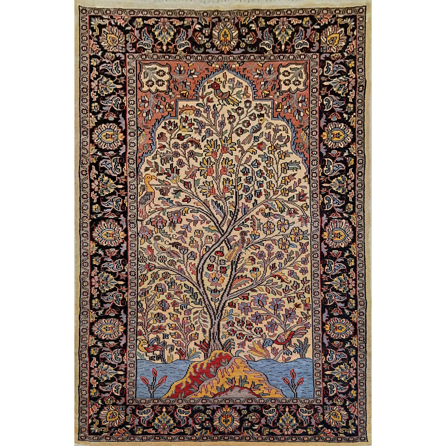 Hand Knotted Tree And Birds Oriental Silk Carpet - Which Mark