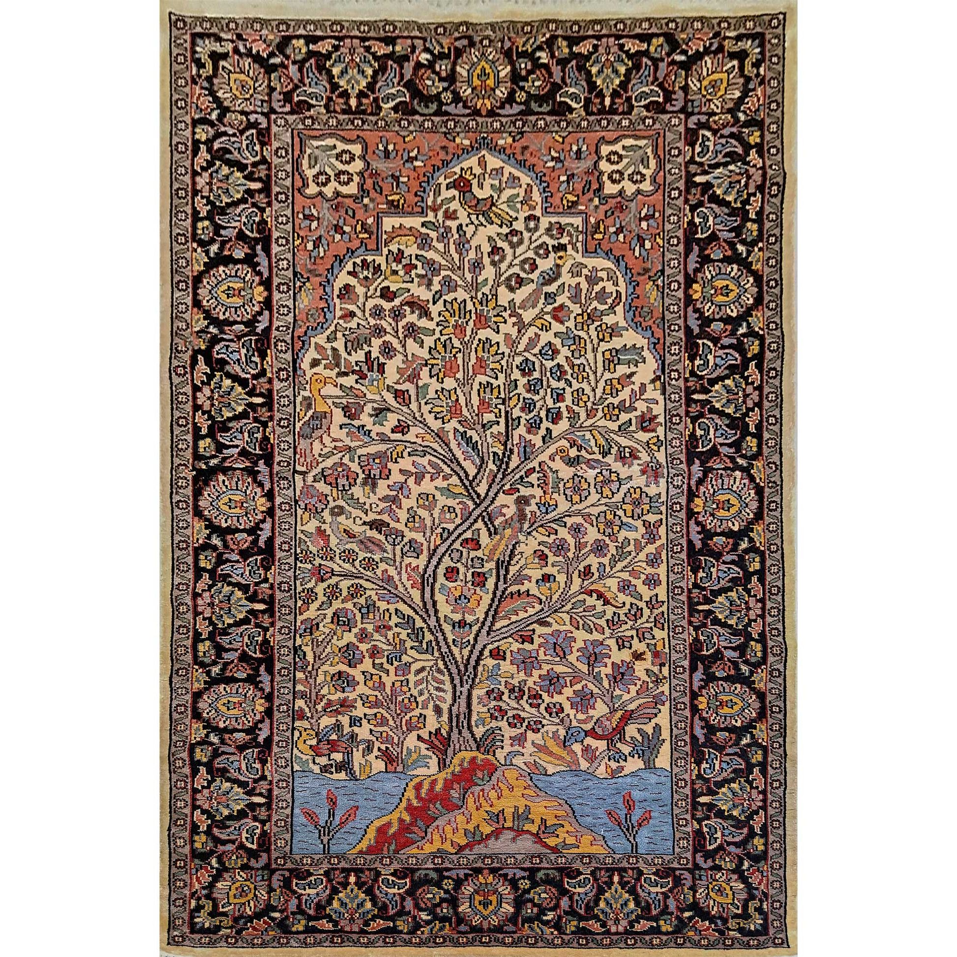 Hand Knotted Tree And Birds Oriental Silk Carpet - Which Mark