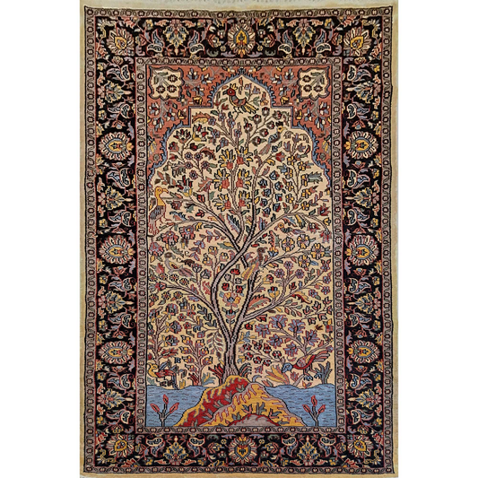 Hand Knotted Tree And Birds Oriental Silk Carpet - Which Mark