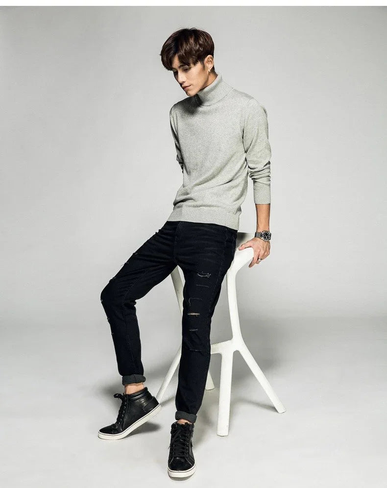 Solid Color Long Sleeve Turtleneck Pullover Men's Base Sweater - Which Mark