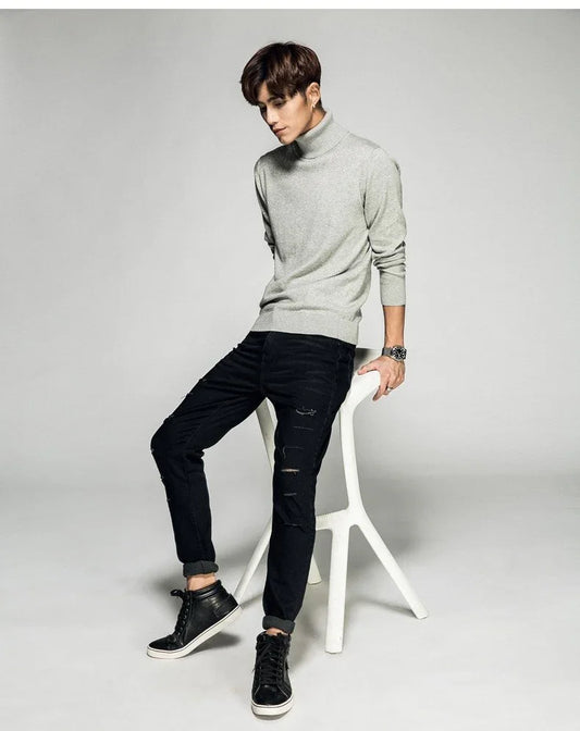 Solid Color Long Sleeve Turtleneck Pullover Men's Base Sweater - Which Mark