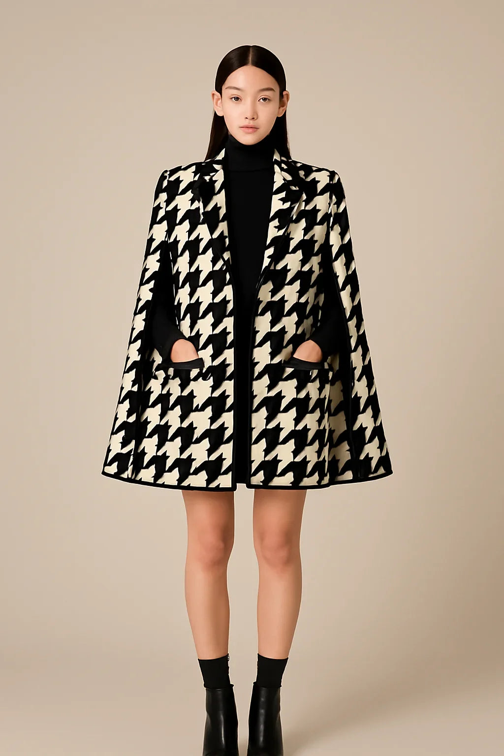 Houndstooth Woolen Cape Coat & Shorts – Elegant & Fashionable Set - Which Mark