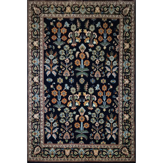 5×7 Feet Handmade Wool Carpet Black Hand Knotted Floral - Which Mark