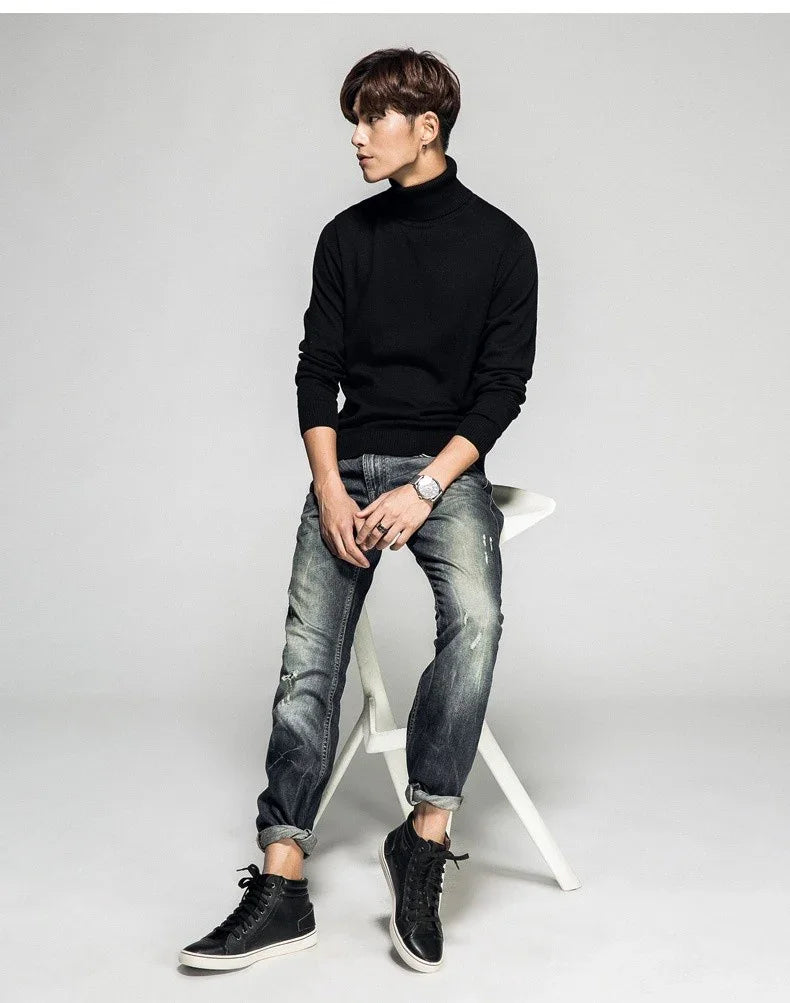 Solid Color Long Sleeve Turtleneck Pullover Men's Base Sweater - Which Mark