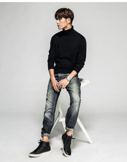 Solid Color Long Sleeve Turtleneck Pullover Men's Base Sweater - Which Mark
