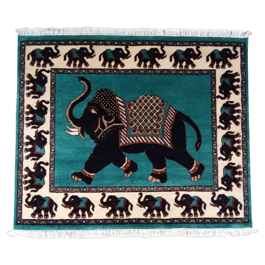 5×4 ft Handmade Elephant Wool Carpet Turquoise - Which Mark