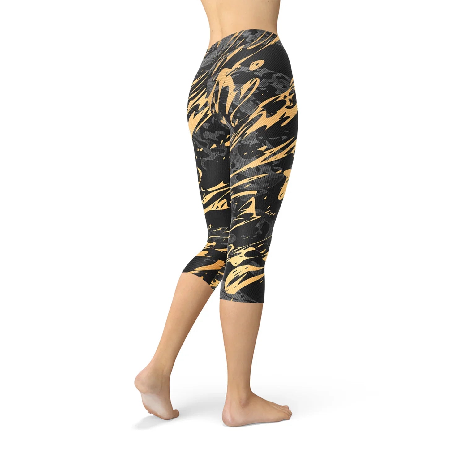 Womens Black Marble w/ Gold Splash Capri Leggings - Which Mark