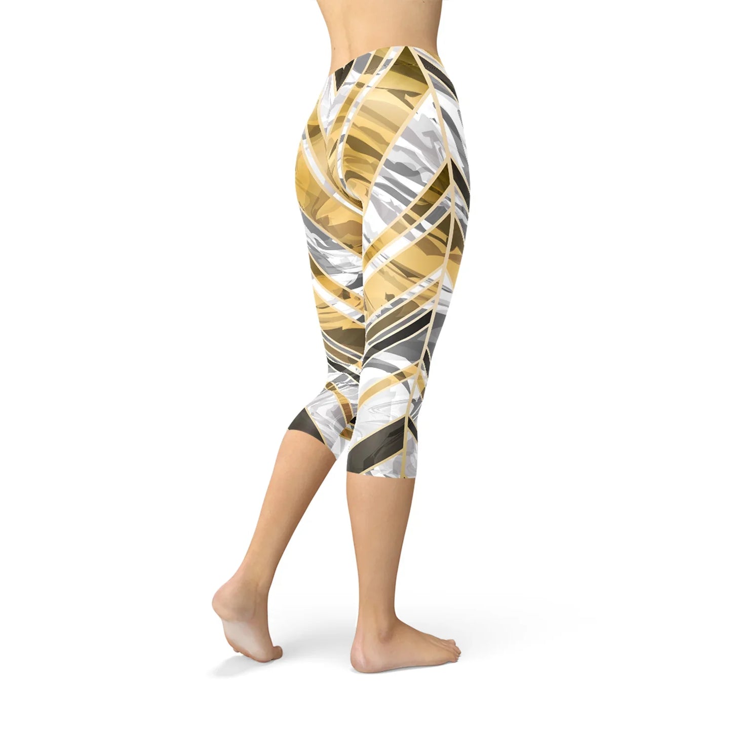 White Marble w/ Black Gold Lines Capri Leggings - Which Mark