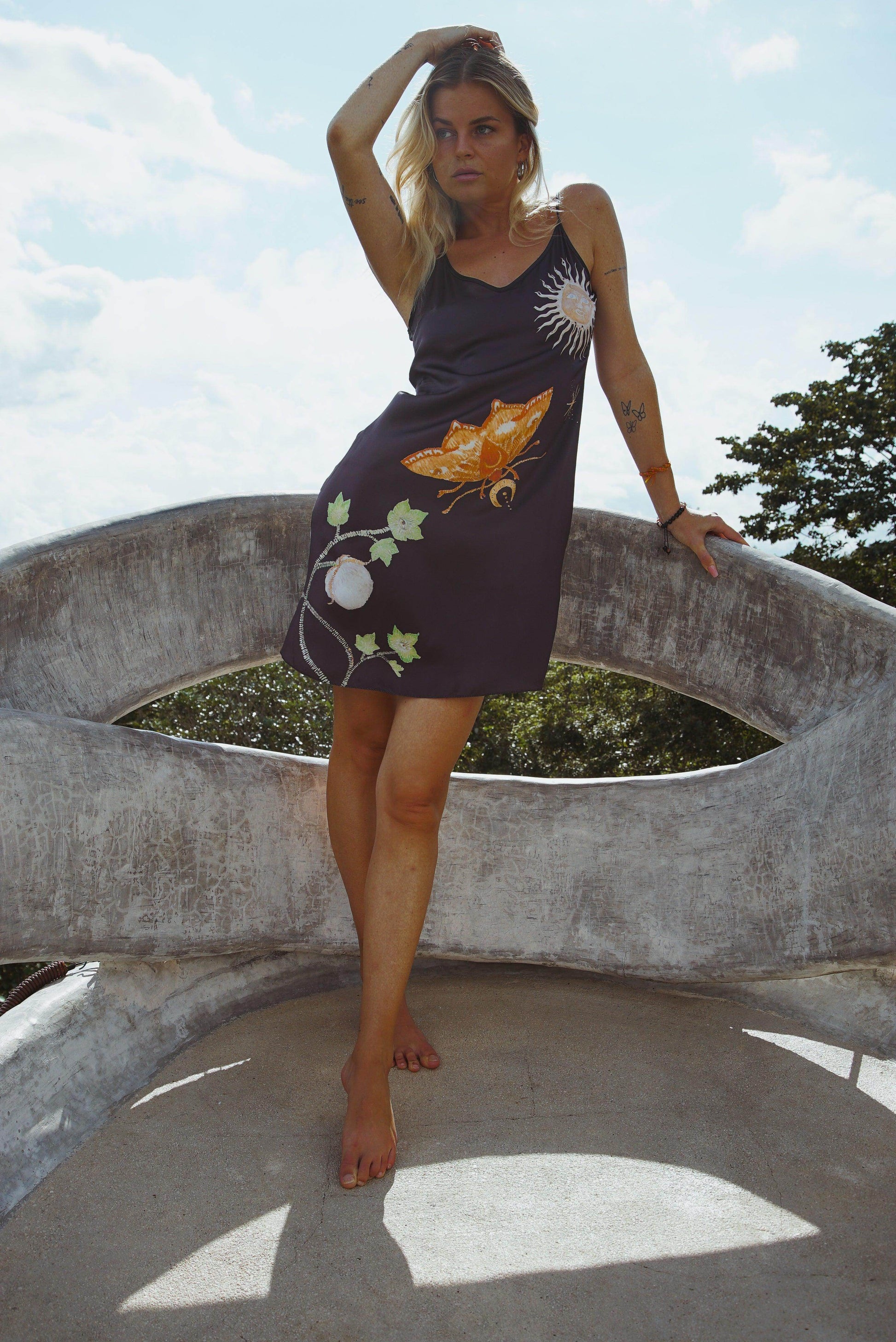 Vela Silk Slip Dress in Black Jungle Butterfly - Which Mark