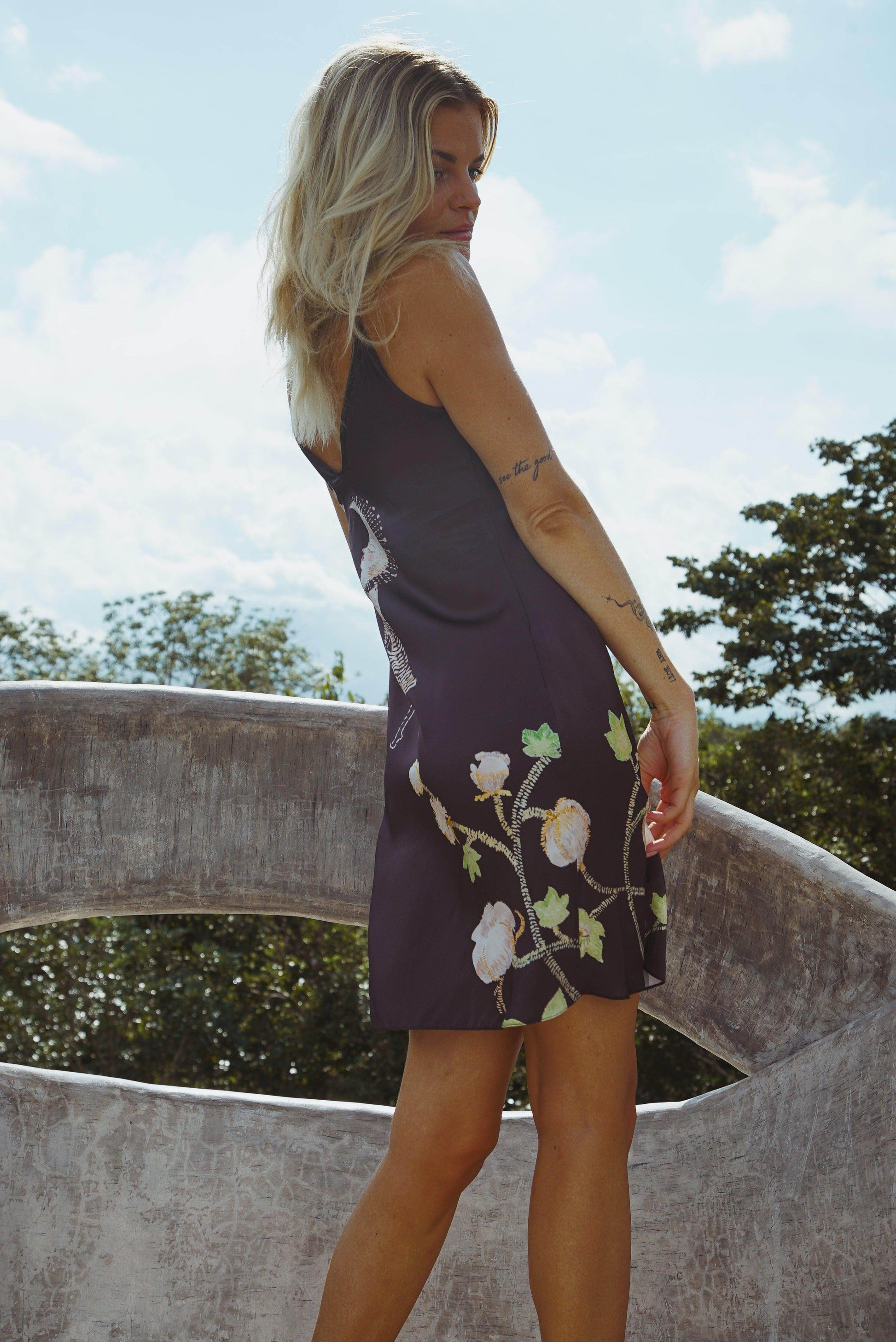 Vela Silk Slip Dress in Black Jungle Butterfly - Which Mark
