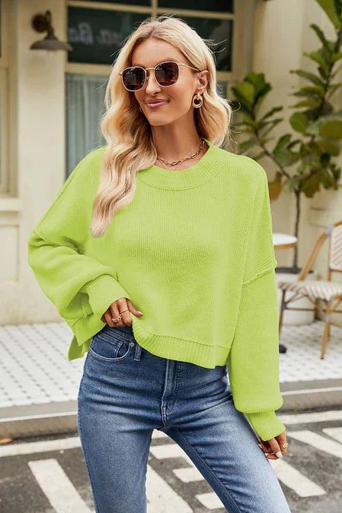 Loose Cropped Pullover Fashion Long Sleeve Round Neck Sweater - Which Mark