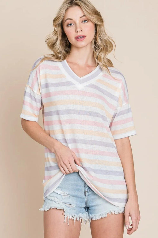 BOMBOM Striped V-Neck Short Sleeve T-Shirt - Which Mark