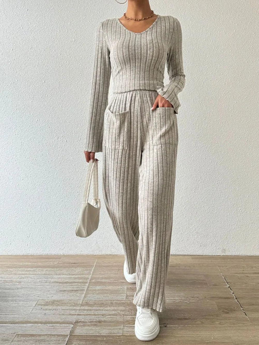 Ribbed V-Neck Long Sleeve Top and Pocketed Pants Set - Which Mark