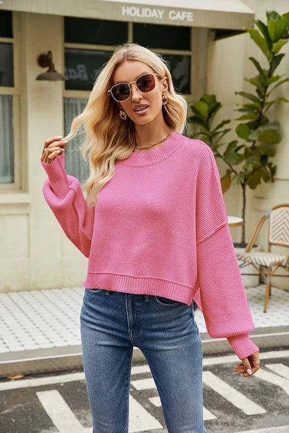 Loose Cropped Pullover Fashion Long Sleeve Round Neck Sweater - Which Mark