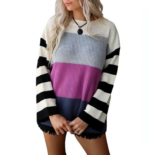 Striped Round Neck Long Sleeve Hit Color Casual Loose Sweater - Which Mark
