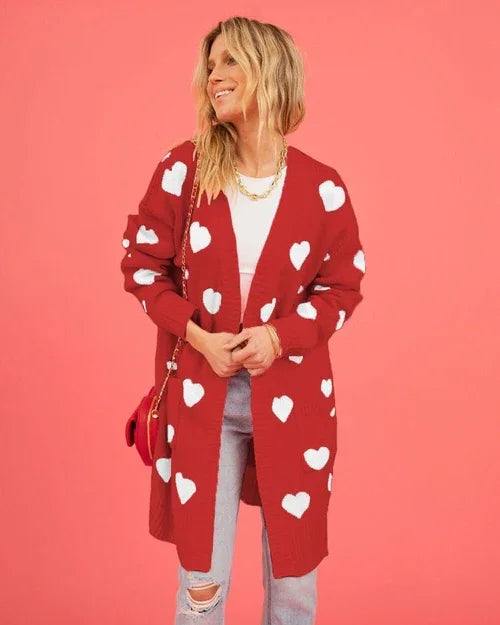 Heart Knitted Cardigan Love Pocket V-neck Mid-length Sweater - Which Mark