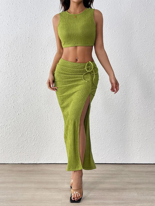 Perfee Texture Cropped Tank and Ruched Skirt Set - Which Mark
