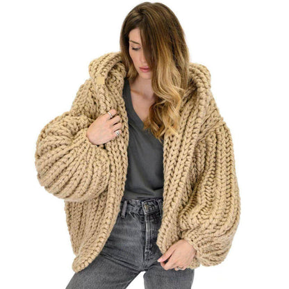 Loose And Hooded Cardigan Coat Handmade Knitting Needle Women's - Which Mark